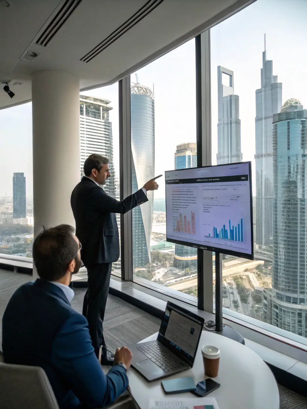 A professional consultant is presenting an AI diagnostic report to a client in a modern office setting, highlighting key areas for improvement and AI integration opportunities.