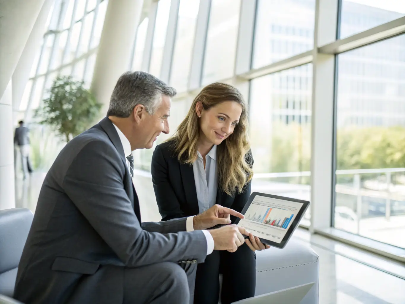 A consultant in a suit, holding a tablet and discussing strategy with a client in a modern office setting, symbolizing traditional consulting expertise.