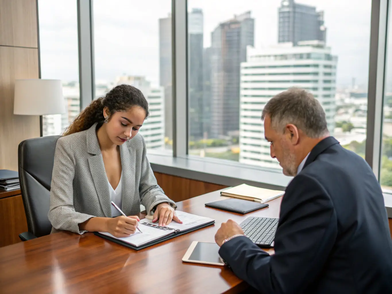 A consultant is discussing regulatory compliance with a client in a professional setting. The image symbolizes adherence to legal standards and risk management.