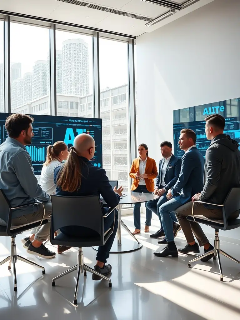 A diverse team of AI specialists collaborating on a complex algorithm, representing Leap's expertise in custom AI development.