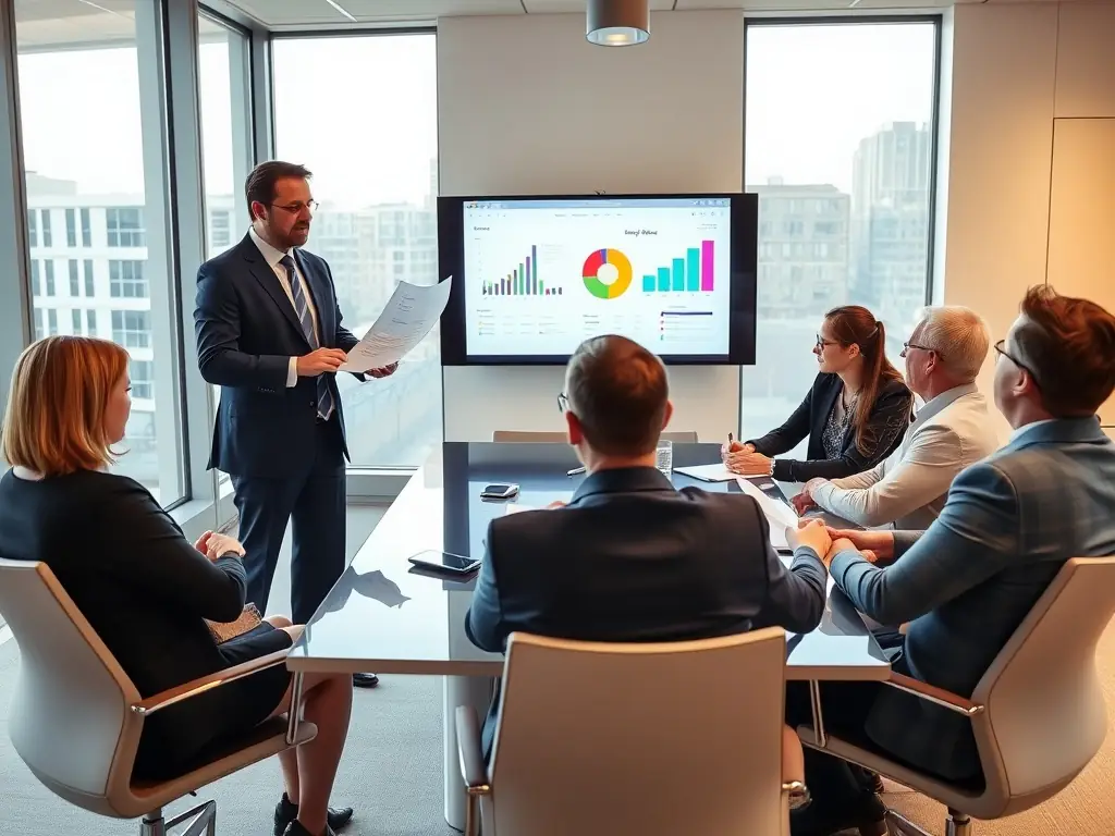 A consultant in a business suit is presenting a strategic plan to a group of executives in a modern office setting. The image conveys professionalism and strategic thinking.