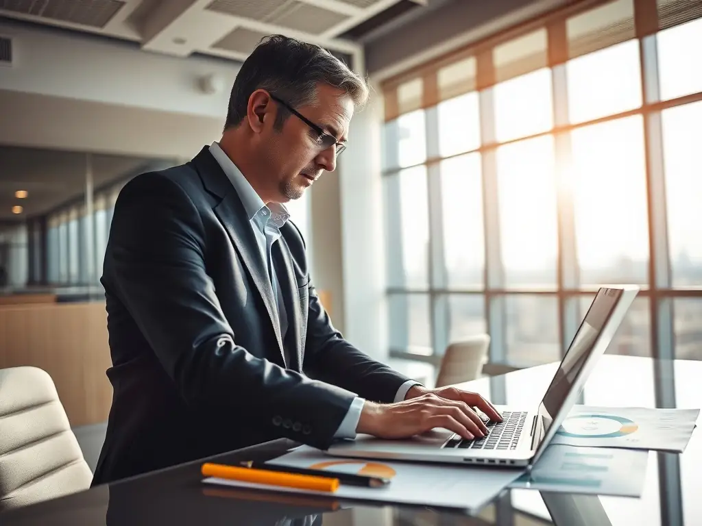 A consultant is analyzing data and creating a report on a laptop in a brightly lit office. The image represents data-driven decision-making and analytical expertise.