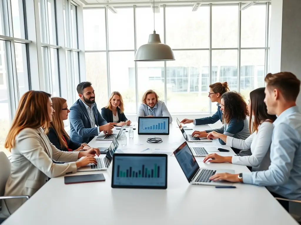 A team of consultants collaborating around a table, analyzing data and brainstorming solutions, representing operational improvement.